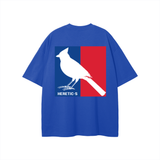 Blue t-shirt with NBA logo graphic featuring a bird design, 20 inch chest width