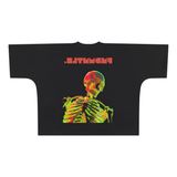 Black skeleton graphic T-shirt featuring a pattern cut boxy design in inch cm inches style