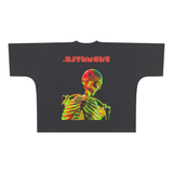 Black T-shirt with skeleton graphic in pattern cut boxy design, 20 inch size