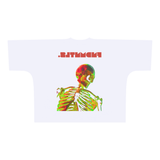 White skeleton graphic boxy cut tee in inch and cm measurements, stylish pattern cut boxy design