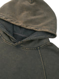 Close-up of hood detail on the Vintage Washed Frayed-Hem Hoodie in charcoal, showing washed texture and stitching.