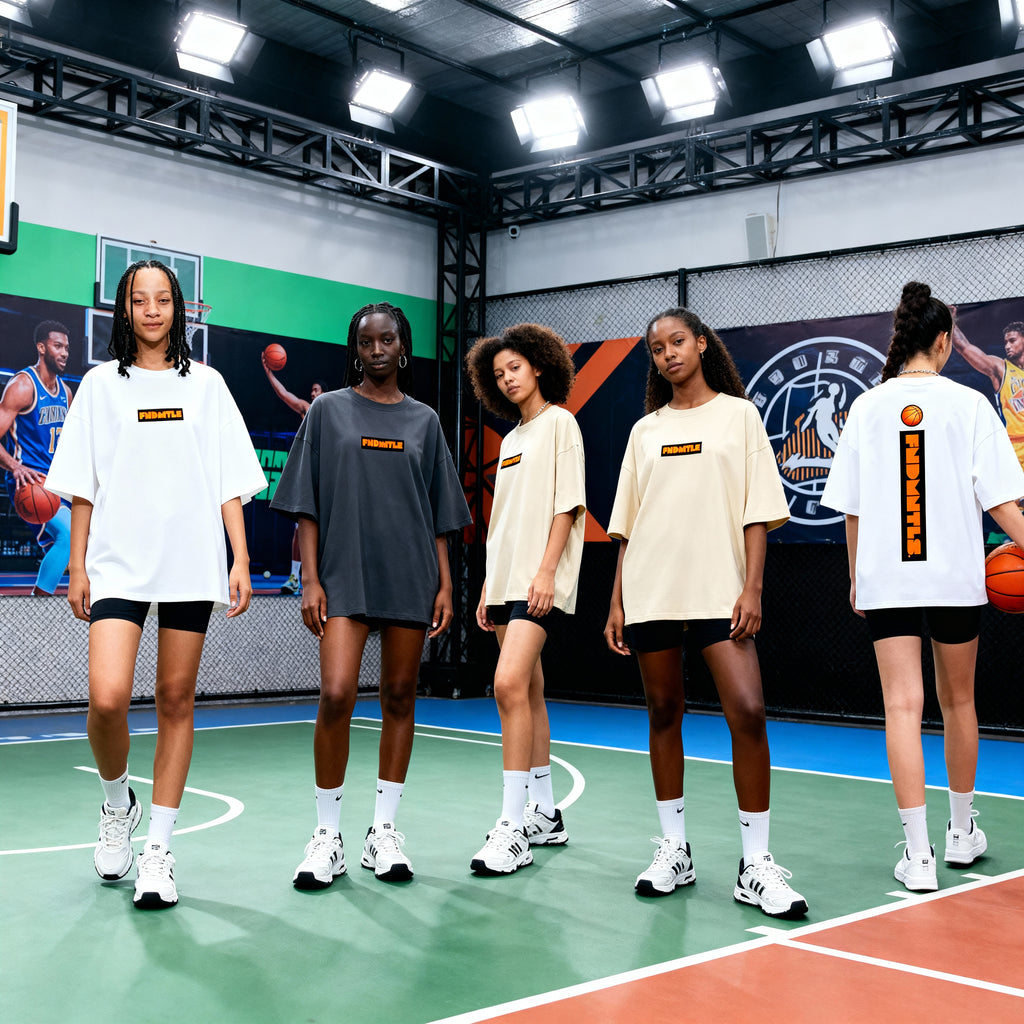 Five women standing on a basketball court wearing matching outfits with logos.