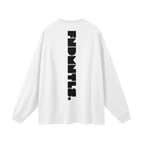 White long-sleeved shirt with vertical black logo heavyweight text and earth tone graphic