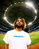 Front view of Mets Blue T-Shirt - Heavyweight Earth Tone in white, styled for casual streetwear. Made from 9.0 oz 100% cotton for comfort.