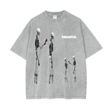 Unisex Nephilim Oversize Snow Wash black graphic tee with skeleton print, loose fit, drop shoulder, crew neck, 100% cotton fabric with snow wash finish