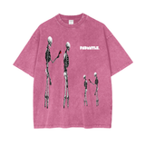 Nephilim Oversize Snow Wash black graphic tee with skeleton print and loose fit in faded pink cotton fabric.