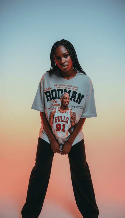 Person wearing a t-shirt with a graphic of a basketball player on a gradient background